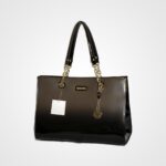 Elegant Black Glossy Handbag with Gold Chain Handles