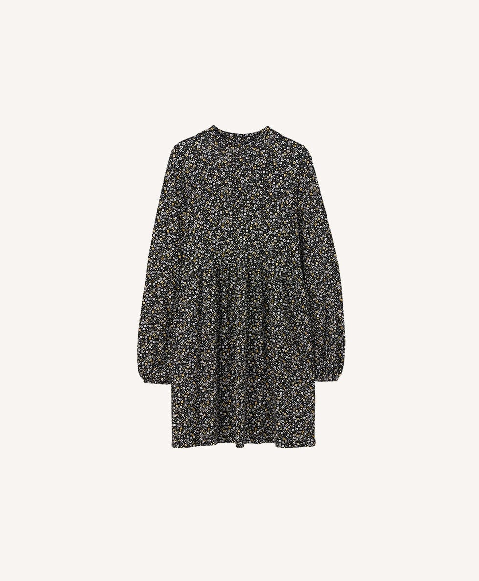 Floral Printed Black Mini Dress with Long Sleeves